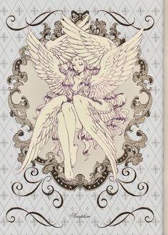 a drawing of an angel sitting on top of a white frame with swirls and scrolls around it