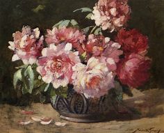 a painting of pink and white flowers in a blue vase on a brown tablecloth
