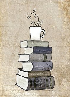 a stack of books with a coffee cup on top and the words i love reading
