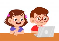 two children sitting at a table looking at a laptop computer, both with glasses on their heads