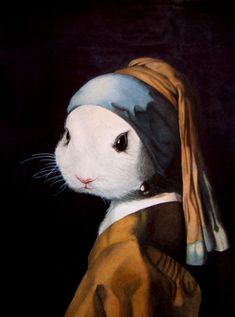 a painting of a white rabbit wearing a blue and gold hat with a pearl ear