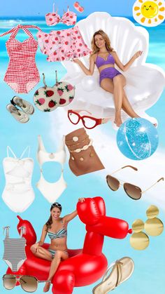 a woman in a bathing suit sitting on an inflatable chair surrounded by bikinis and other items