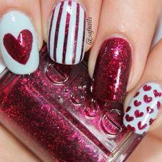 Red Hearts and Stripes | 20+ Valentine Nail Art Designs! 15 Unique Wedding Manicure Ideas | http://www.jexshop.com/ Valentine's Day, Design, Valentine's Day Nail Designs