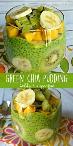 green chia pudding with sliced kiwis and bananas