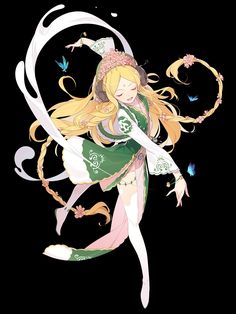 an anime character with long blonde hair and green dress, flying through the air in front of