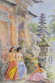 a painting of three women sitting in front of a fountain