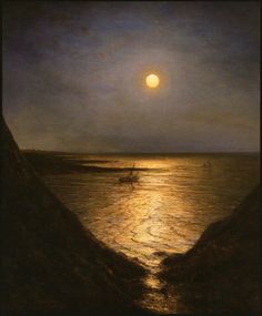 a painting of a boat in the ocean at night