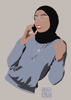 a woman talking on a cell phone while wearing a hijab and holding her hand up to her ear
