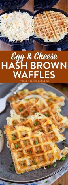 egg and cheese hash browns waffles on a plate with text overlay that reads egg and cheese hash browns waffles
