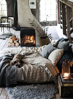 a dog laying on a bed in front of a fire place with pillows and blankets