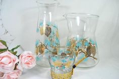 Vtg Glass Carafe Cocktail Mixer Libbey Pine Cone Turquoise and Gold 1960 Mad Men mid century Barware Mixers, Turquoise, Libbey, Cocktail Mixers, Mixer