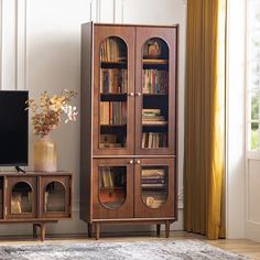 a living room with a television and bookcase