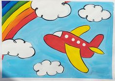 a child's drawing of a plane with clouds and a rainbow in the sky
