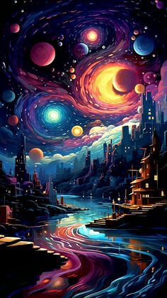 an image of a night sky with many planets and stars above the cityscape