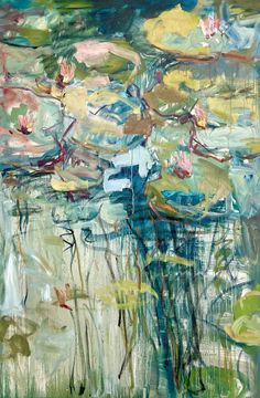 an abstract painting with water lilies and leaves