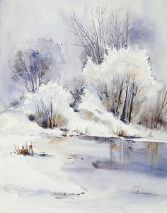 a watercolor painting of trees in the snow