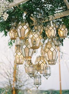 a chandelier filled with lots of lights and greenery hanging from the ceiling