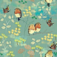 a painting of birds and butterflies on a tree branch with flowers in the foreground