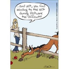 a cartoon horse laying on its back in front of a fence with a woman standing next to it
