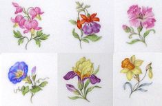six different colored flowers with green leaves and stems on white paper, each painted in various colors