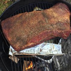 12 hour Texas style beef brisket, slow cooking on the kettle bbq with charcoal and oak wood chucks. Thrown on the Barbie at 615am... #couldfeedanarmy #brisket #Texas Brisket, Barbie, Slow Cooker, Kettle, Slow, Steak, Kettle Bbq