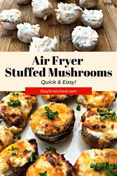 air fryer stuffed mushrooms with cheese and parsley on the top are ready to be eaten