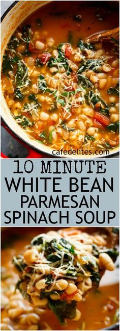 white bean parmesan spinach soup in a red pot with text overlay