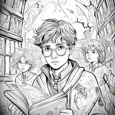 a black and white drawing of harry potter holding a book in front of two children