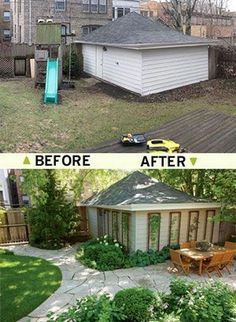 before and after pictures of a backyard makeover