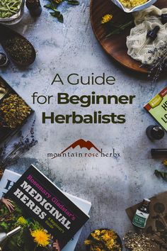 the cover of a guide for beginner herbists with herbs and spices around it