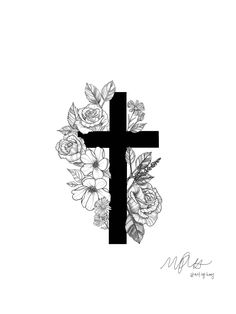 A think black cross with roses and foliage as well as some small daisies wrapped around it Piercing, Ink, Cover Up Tattoos, Cover Up Tattoos For Women, Tattoo Cover-up, Cross Tattoo Neck, Cross Tattoo Designs