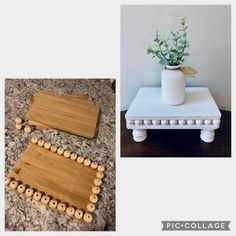 two pictures one is white and the other has wood beads on it with flowers in a vase