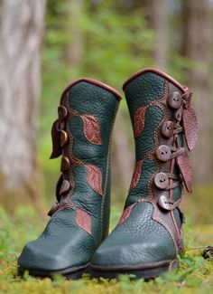 Jade Forest Moccasin Boots with Leaves Elven Pixie Boots | Etsy Boots, Western Boots, Leather Booties, Knee High Boots, Leather Boots, Western Boots Outfit, Moccasin Boots, Knee High, Leather Boots Women