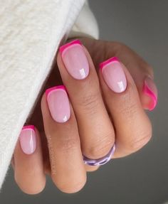 50 Cute French Tip Nails That Put A Modern Twist On The Classic Pink, Bright Pink Nails, Pink Tip Nails, French Tip Nails, Pretty Nails, Dipped Nails, Cute Acrylic Nails, French Manicure Nails