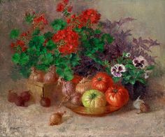 a painting of flowers and fruit on a table