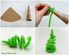 the steps to make an ornament out of pipe cleaner yarn are shown here