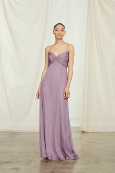 Online and Amsale Flagship Exclusive. Twist and soft pleat empire line bodice with spaghetti strap in silk crinkle chiffon. Fully lined Back zip with hook-and-eye closure Professionally dry clean per label instruction Shown in violet Prom Dresses, Prom, Dance, Elegant, Beautiful Dresses, Bal, Hoco Dresses, Formal, Robe