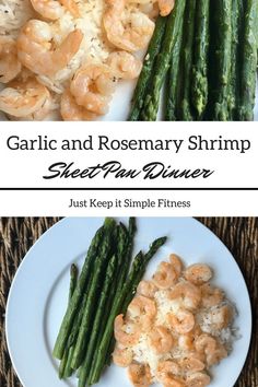 garlic and rosemary shrimp served on a white plate with asparagus