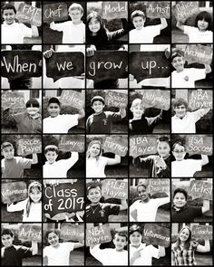 black and white photo collage of students holding up chalkboards with words written on them