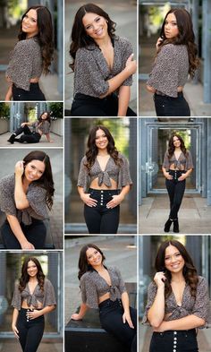 a collage of photos shows a woman in black pants and a gray top smiling at the camera