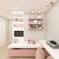 a living room with white walls and pink furniture in the center, along with shelves that have pictures on them