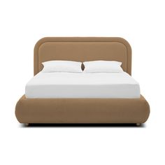 an upholstered bed with two pillows on the headboard and one foot board