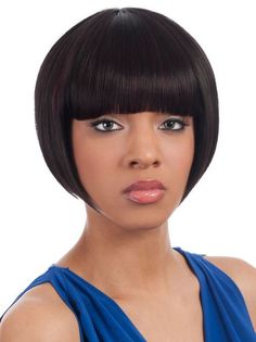 Short, sleek, and full of captivating beauty, the Lucy Synthetic Wig by Vivica Fox is an angled bob showing finely sculpted layers accented with blunt bangs.  Affiliated with the Weave Cap Collection, the Lucy  is crafted with long-lasting comfort that works all day. An ultra soft and durable mesh construction makes up the wig's base, allowing all-day luxury you must wear to believe. In addition, a snug fit is also guaranteed with the wig's built-in front and back combs which holds securely to y Fox, Ideas, Vivica Fox Wigs, Vivica Fox, Wigs For Black Women, Synthetic Wigs, Wigs, Wig, Lucy