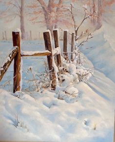a painting of a fence in the snow
