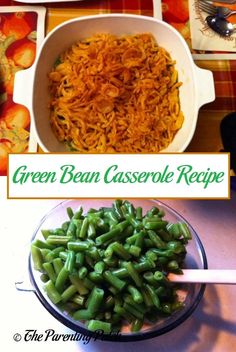 green bean casserole recipe in a bowl with spoons and plates on the table