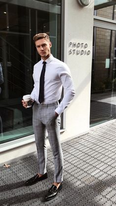 white shirt with plaid slim pant for gentlemen formal 2019 Men Work Outfits