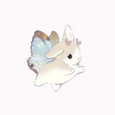 a white rabbit with blue wings flying through the air