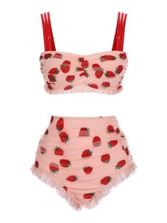 1950s Lace Strawberry Cami Tankini Set | Retro Stage Tops, Plus Size, Swimsuits, Tankini Top, Cute Swimsuits, Swimsuit, Pink Summer Dress, Kawaii Clothes, Vintage Dresses
