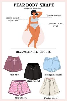 How to Choose Shorts for Pear Body Shape Thighs, Shorts, Hourglass Body Shape Outfits, Body Types Women, Body Outfit, Hips