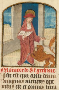 an old manuscript with a man in red robes and a dog on the ground next to him